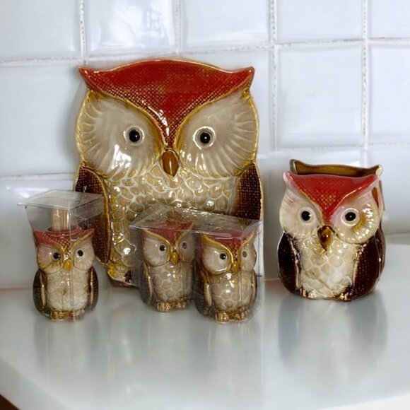 Owl Kitchen Dinning Functional Decor Artisan Glazed Hand Painted Ceramic 4 Piece - Picture 1 of 16